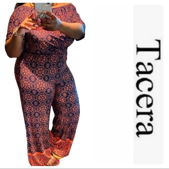 Brand New! Tacera Printed Navy/Coral Jumpsuit size PM - Picture 2 of 13